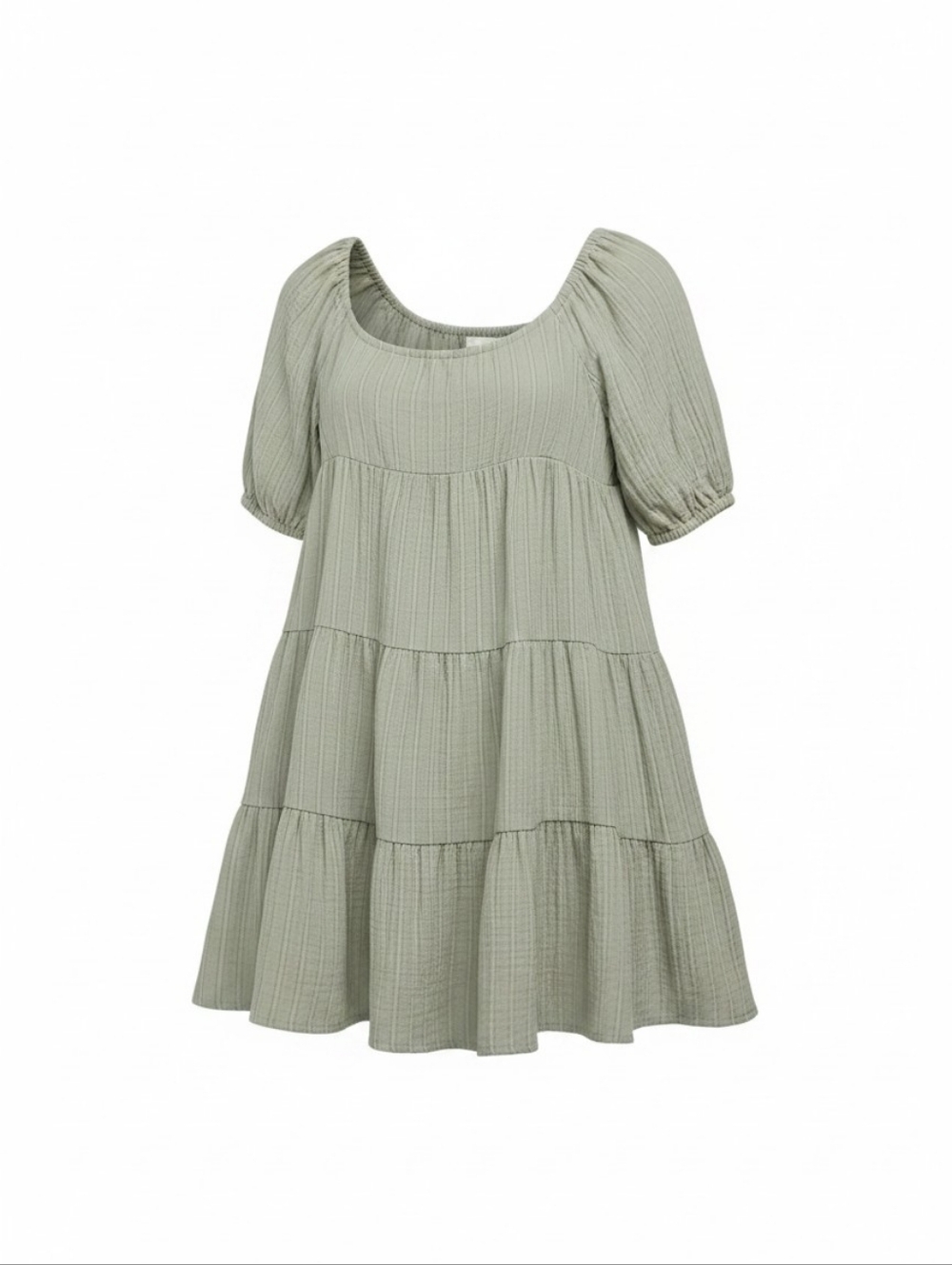 Every Square Neck Tiered Mini Dress With Puff Sleeve In Sage Green Stripe Size S - Picture 2 of 8